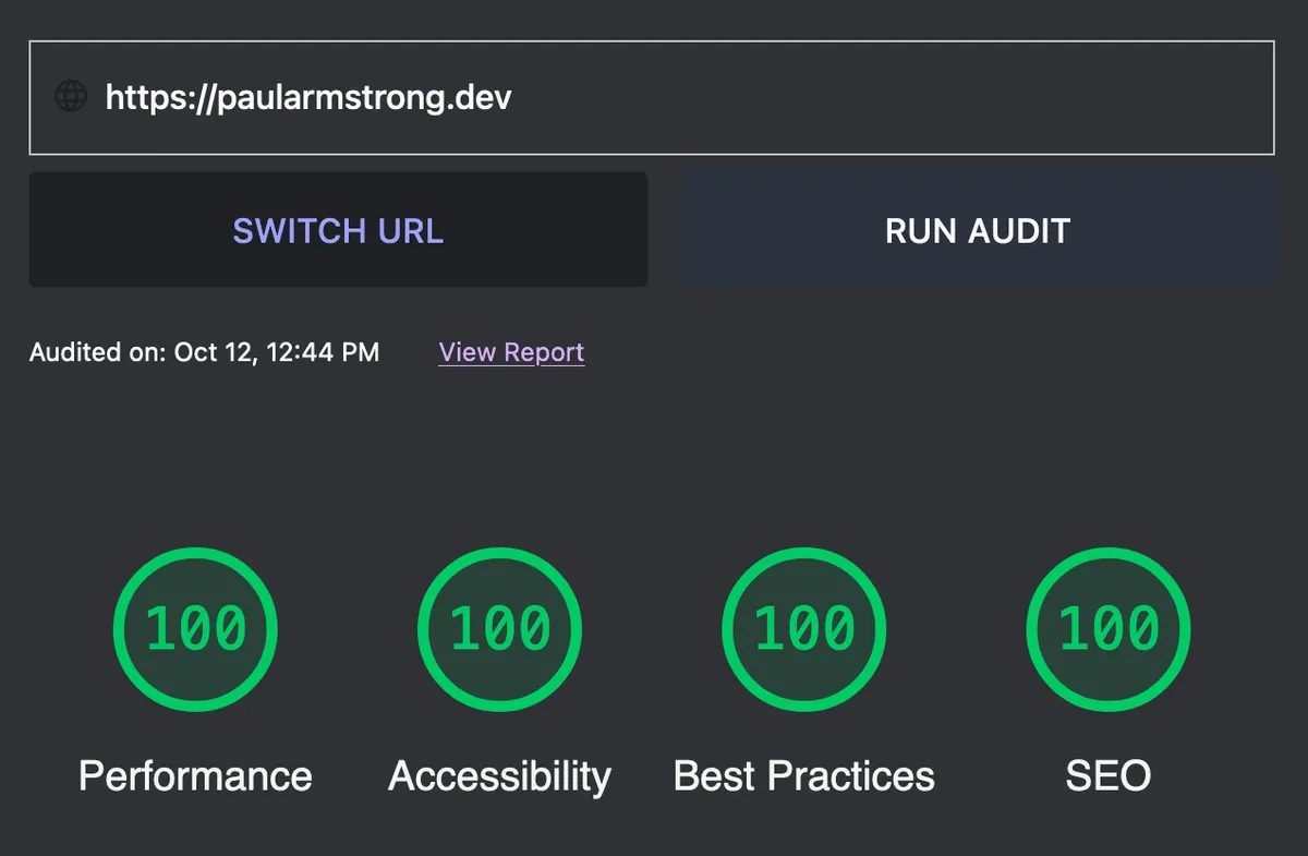 Lighthouse score for paularmstrong.dev showing a perfect score of 100 for all metrics
