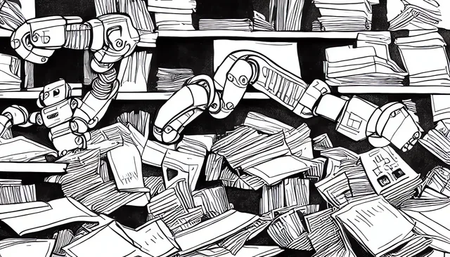 robot sifting through messy stacks of papers, black and white, Children’s Drawing
